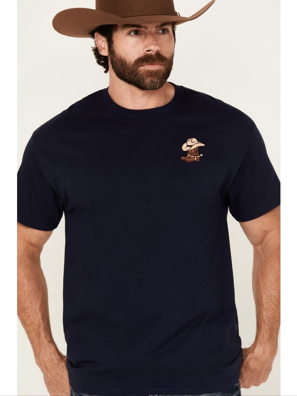 Riot Society Men's Boot Boots & Hat Embroidered Navy Blue Short Sleeve Crew Neck